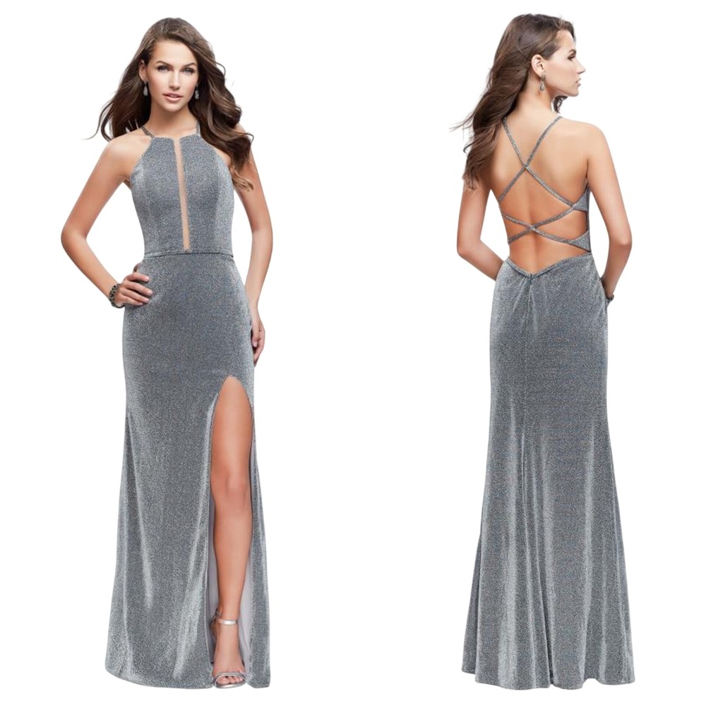 La‎ Femme Womens Silver Metallic Shimmer Backless Slit Glam Prom Evening Gown 10